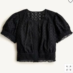 J. Crew NWT Eyelet Cropped Top Blouse Lace Covered Buttons BLACK medium